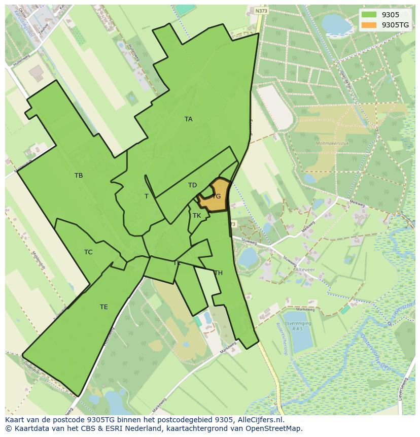 Afbeelding van het postcodegebied 9305 TG op de kaart.