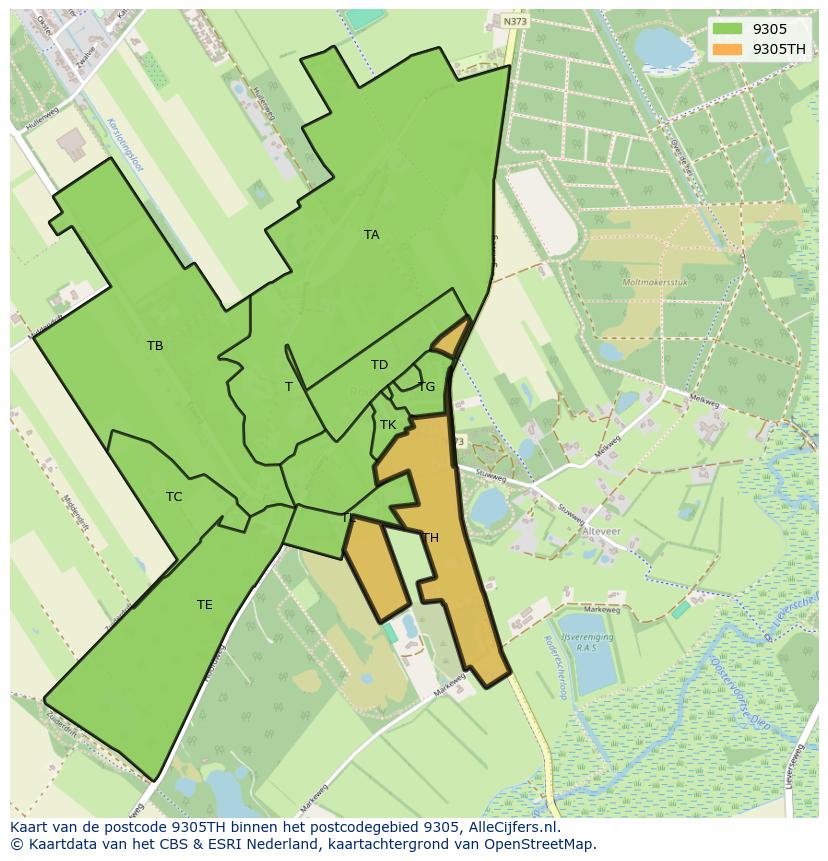 Afbeelding van het postcodegebied 9305 TH op de kaart.