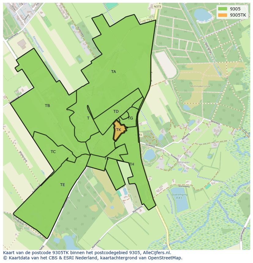 Afbeelding van het postcodegebied 9305 TK op de kaart.