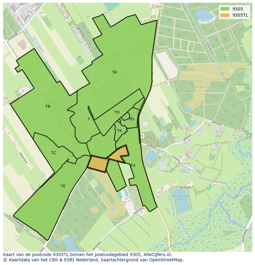 Afbeelding van het postcodegebied 9305 TL op de kaart.