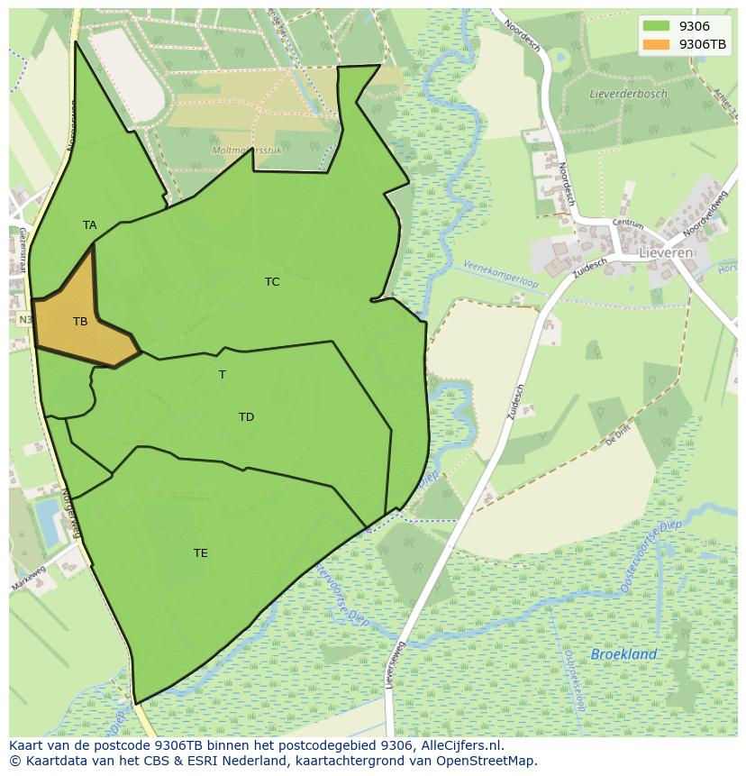 Afbeelding van het postcodegebied 9306 TB op de kaart.