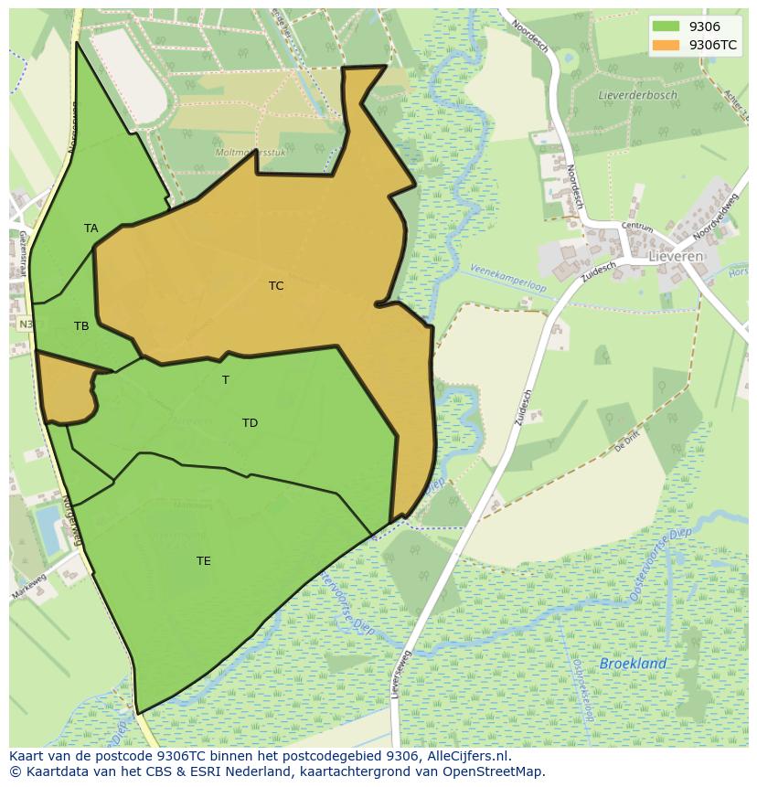 Afbeelding van het postcodegebied 9306 TC op de kaart.