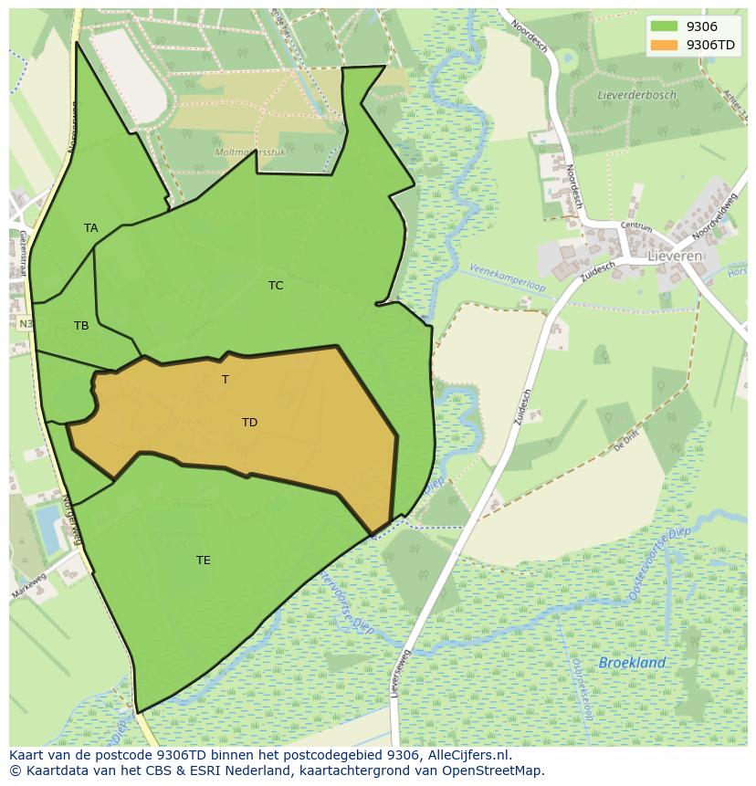 Afbeelding van het postcodegebied 9306 TD op de kaart.
