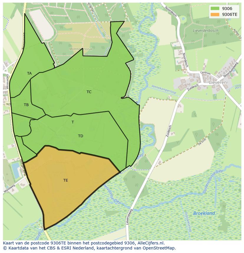 Afbeelding van het postcodegebied 9306 TE op de kaart.