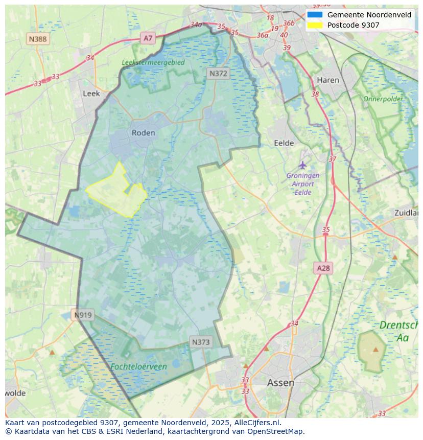 Afbeelding van het postcodegebied 9307 op de kaart.