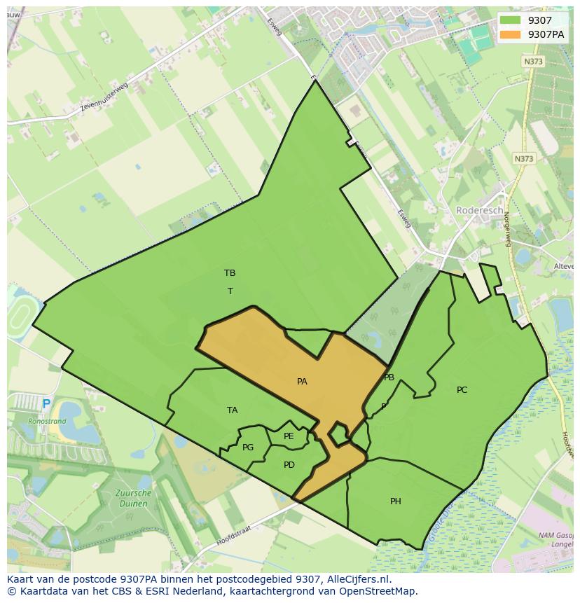 Afbeelding van het postcodegebied 9307 PA op de kaart.