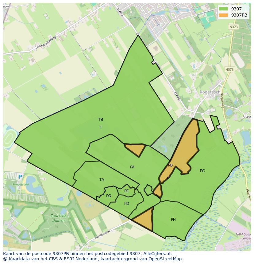 Afbeelding van het postcodegebied 9307 PB op de kaart.
