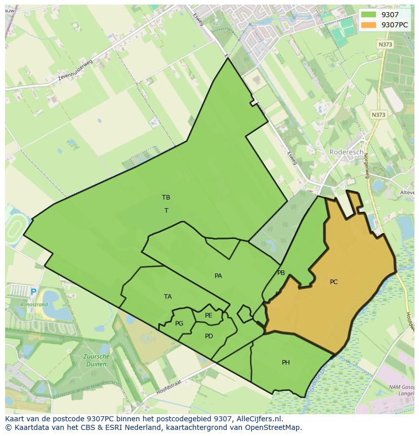 Afbeelding van het postcodegebied 9307 PC op de kaart.