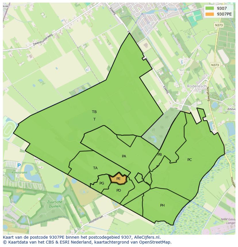 Afbeelding van het postcodegebied 9307 PE op de kaart.