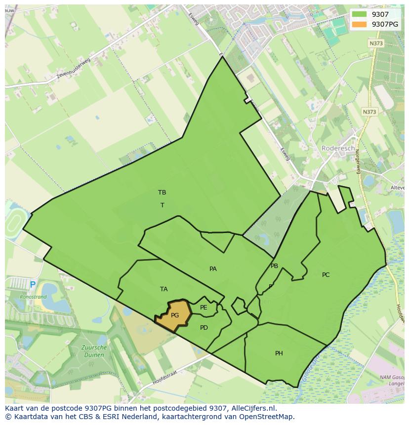 Afbeelding van het postcodegebied 9307 PG op de kaart.