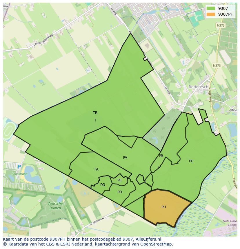 Afbeelding van het postcodegebied 9307 PH op de kaart.