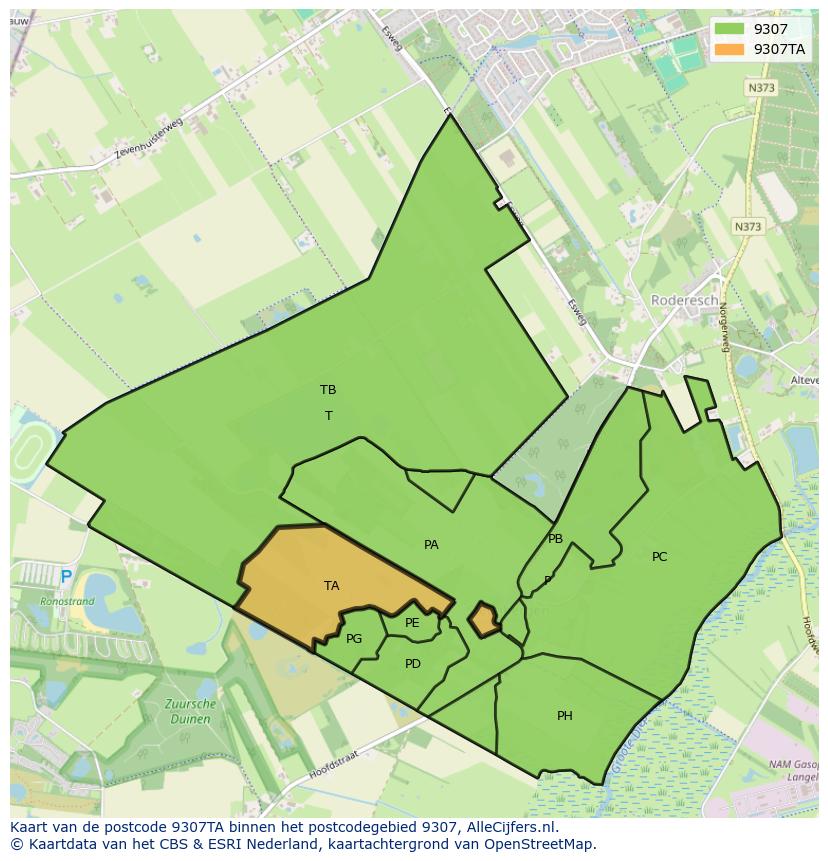 Afbeelding van het postcodegebied 9307 TA op de kaart.