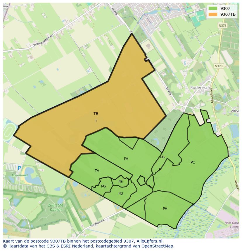 Afbeelding van het postcodegebied 9307 TB op de kaart.