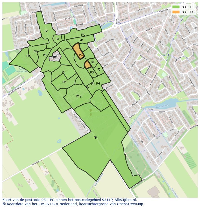 Afbeelding van het postcodegebied 9311 PC op de kaart.