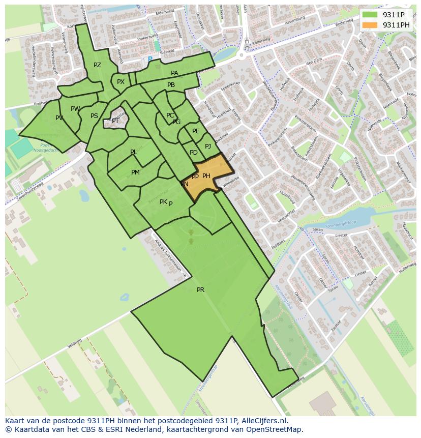Afbeelding van het postcodegebied 9311 PH op de kaart.