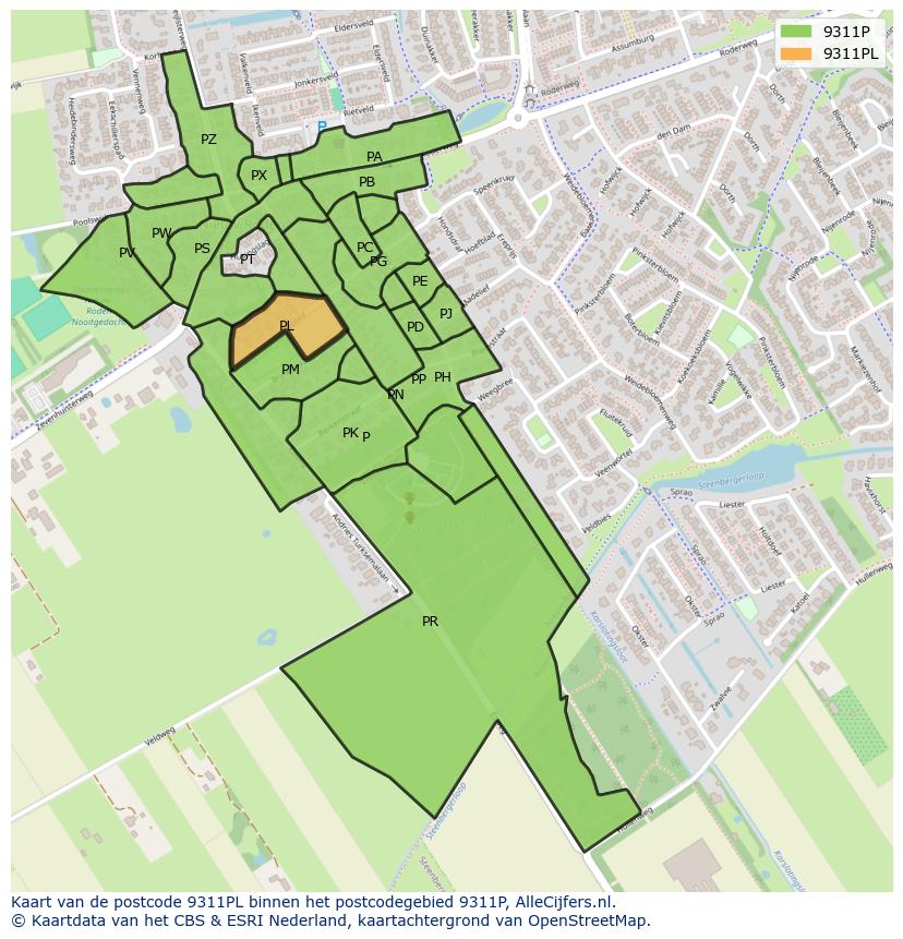 Afbeelding van het postcodegebied 9311 PL op de kaart.
