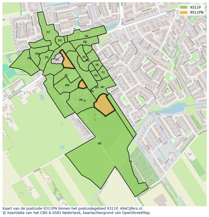 Afbeelding van het postcodegebied 9311 PN op de kaart.