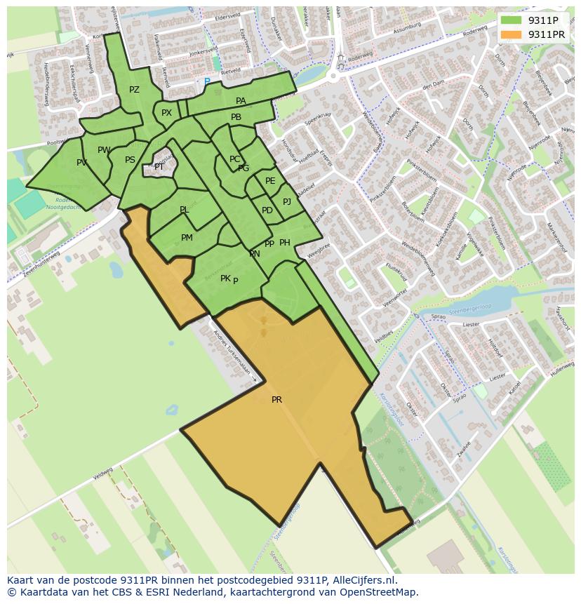 Afbeelding van het postcodegebied 9311 PR op de kaart.