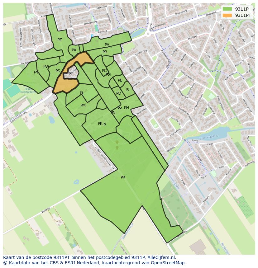 Afbeelding van het postcodegebied 9311 PT op de kaart.