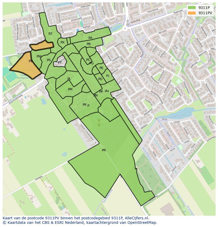 Afbeelding van het postcodegebied 9311 PV op de kaart.