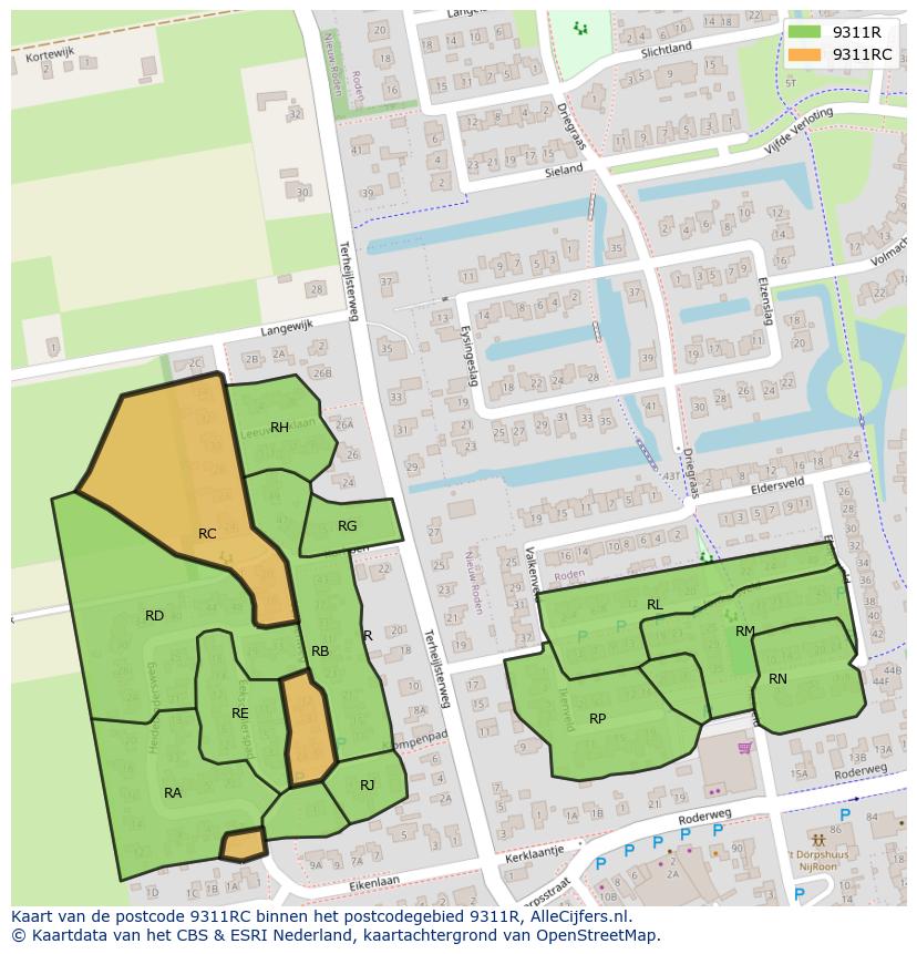 Afbeelding van het postcodegebied 9311 RC op de kaart.