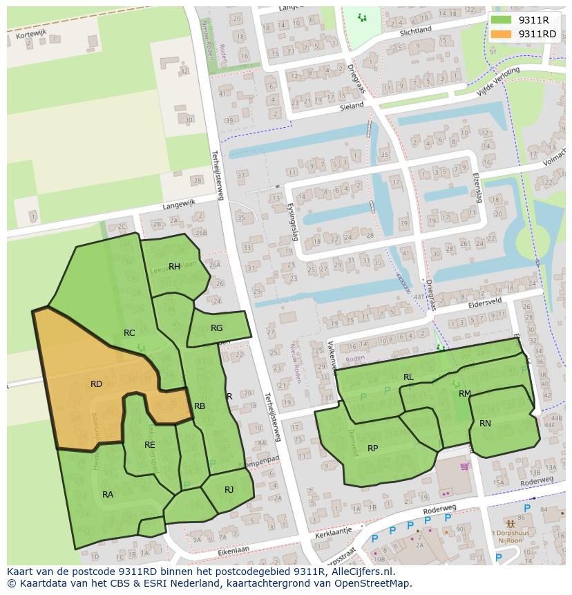 Afbeelding van het postcodegebied 9311 RD op de kaart.