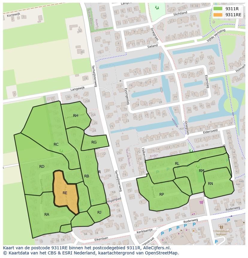 Afbeelding van het postcodegebied 9311 RE op de kaart.