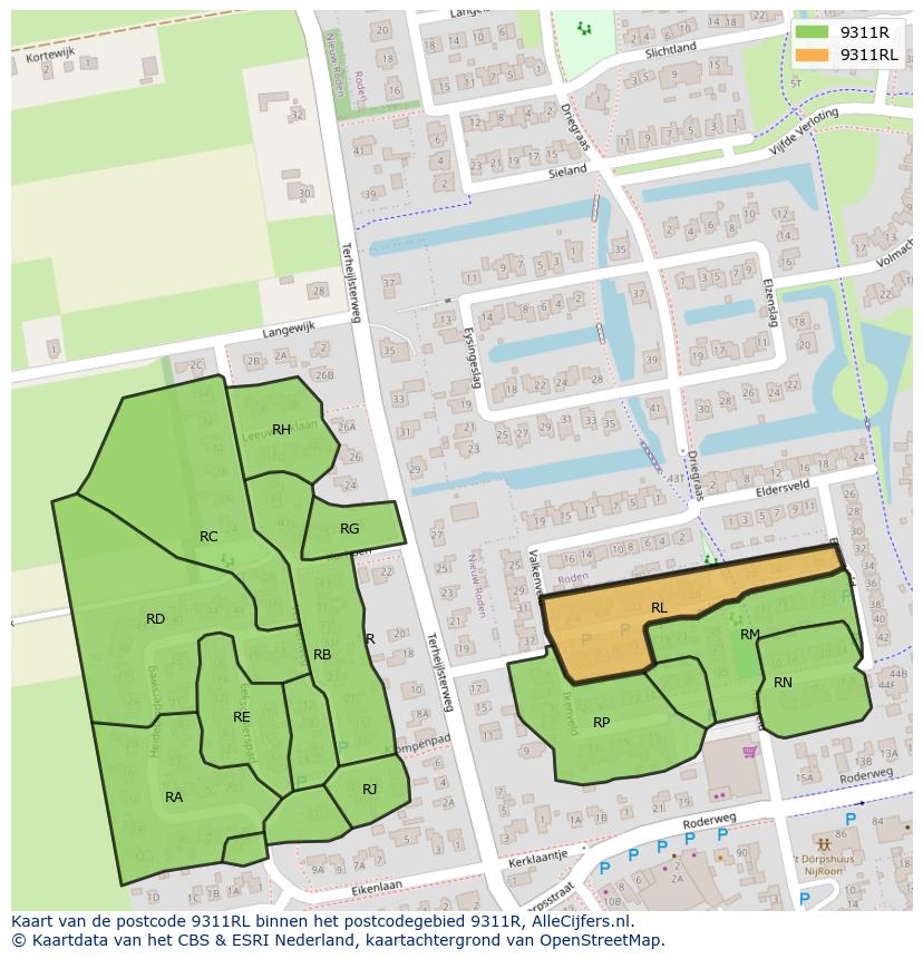 Afbeelding van het postcodegebied 9311 RL op de kaart.
