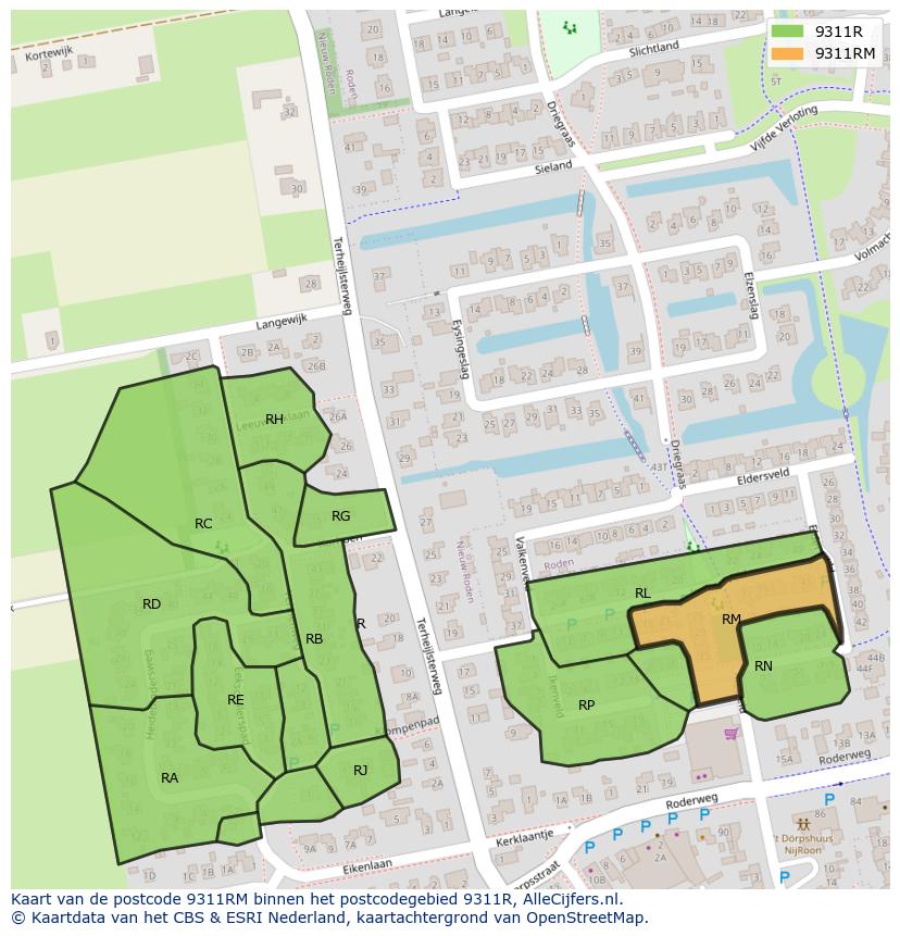 Afbeelding van het postcodegebied 9311 RM op de kaart.