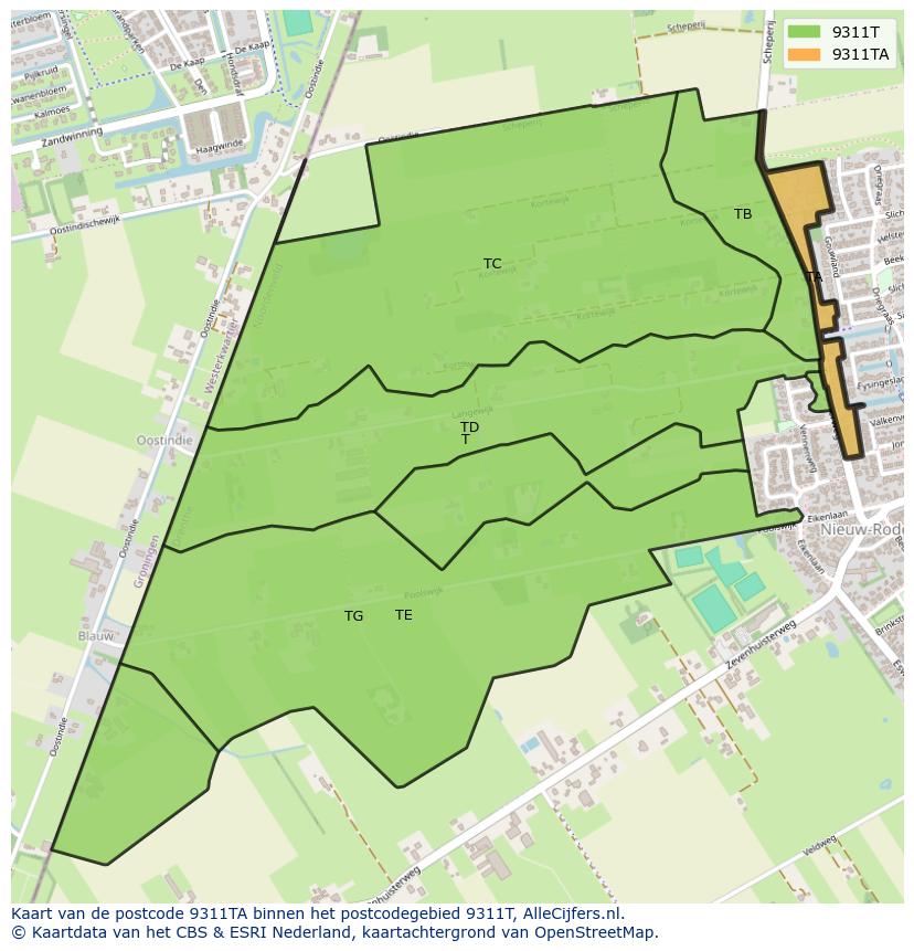 Afbeelding van het postcodegebied 9311 TA op de kaart.