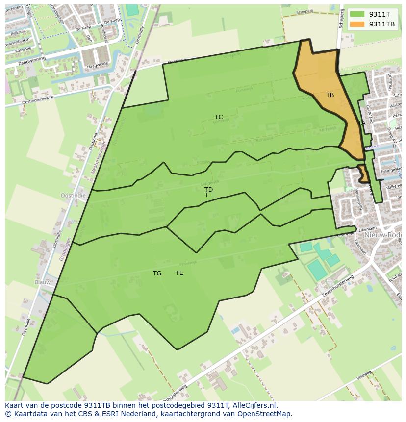 Afbeelding van het postcodegebied 9311 TB op de kaart.