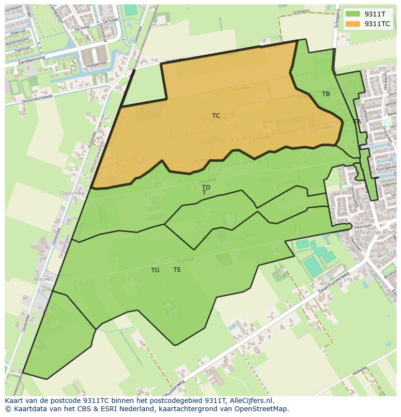 Afbeelding van het postcodegebied 9311 TC op de kaart.