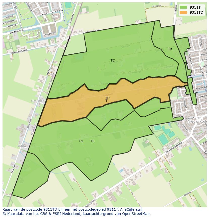 Afbeelding van het postcodegebied 9311 TD op de kaart.