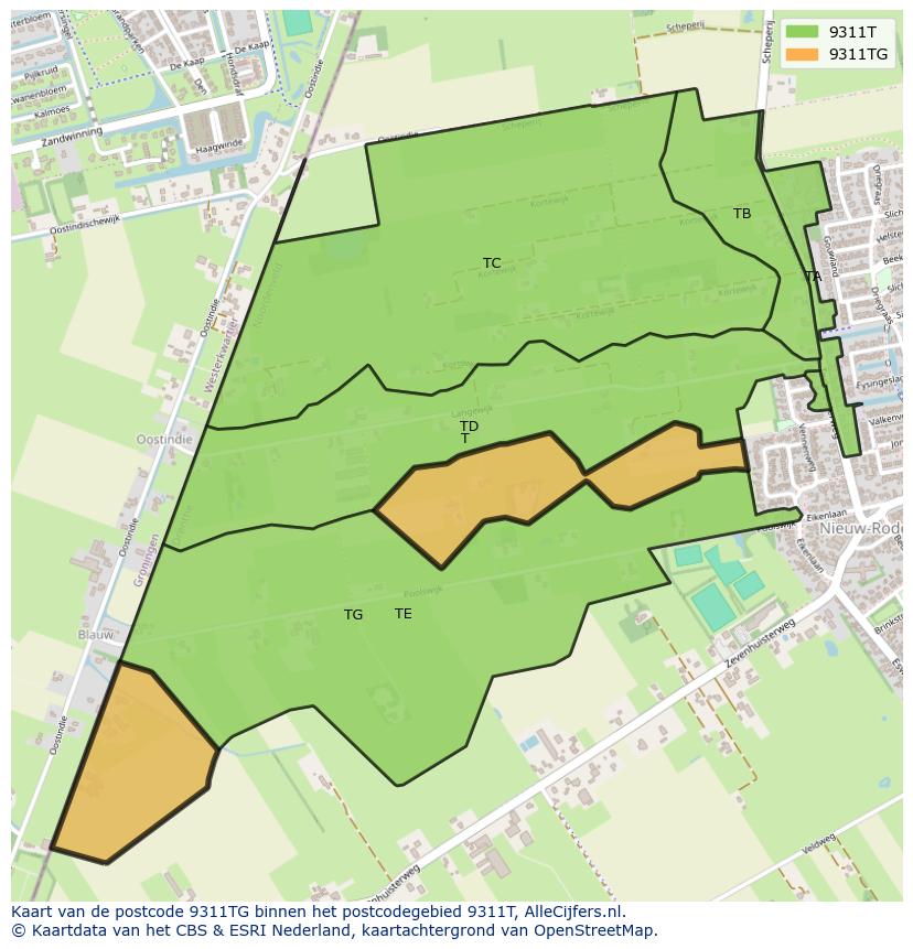 Afbeelding van het postcodegebied 9311 TG op de kaart.