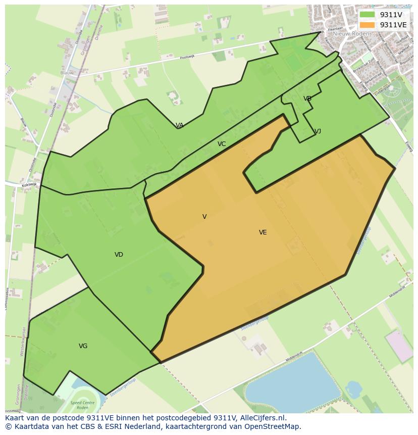 Afbeelding van het postcodegebied 9311 VE op de kaart.