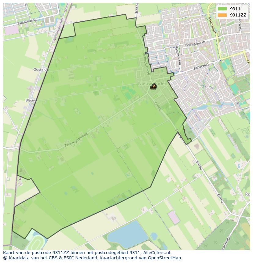 Afbeelding van het postcodegebied 9311 ZZ op de kaart.