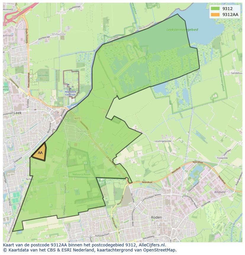 Afbeelding van het postcodegebied 9312 AA op de kaart.