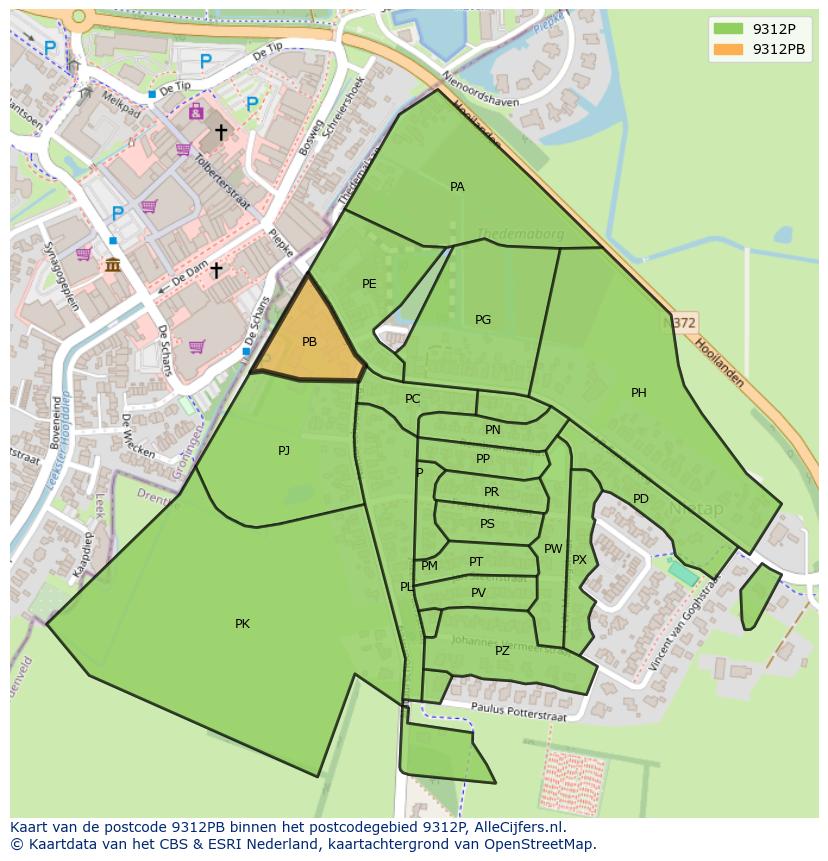 Afbeelding van het postcodegebied 9312 PB op de kaart.