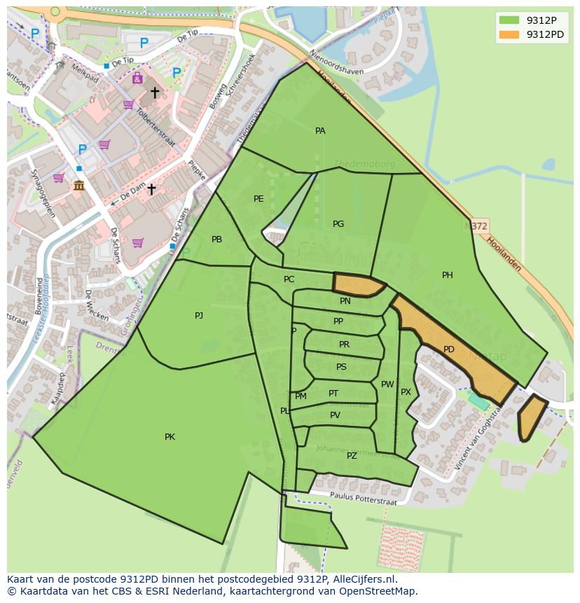 Afbeelding van het postcodegebied 9312 PD op de kaart.