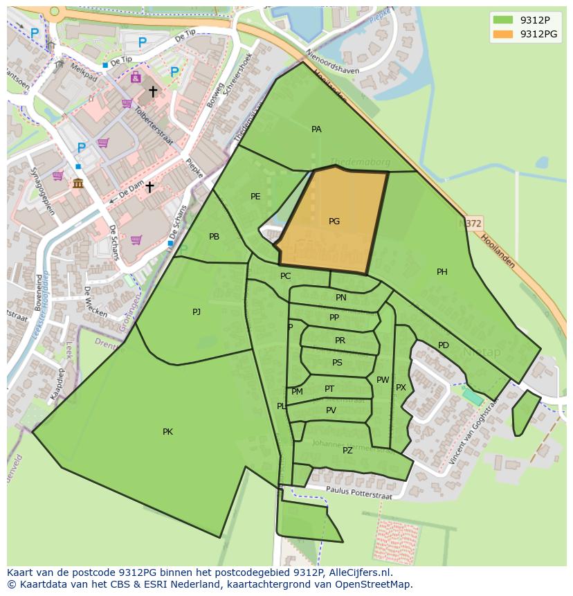 Afbeelding van het postcodegebied 9312 PG op de kaart.