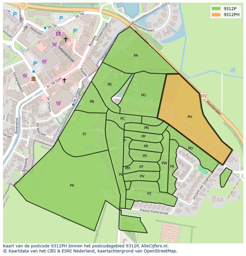 Afbeelding van het postcodegebied 9312 PH op de kaart.