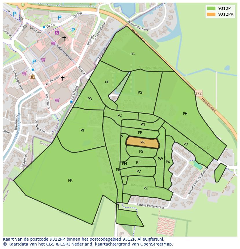 Afbeelding van het postcodegebied 9312 PR op de kaart.