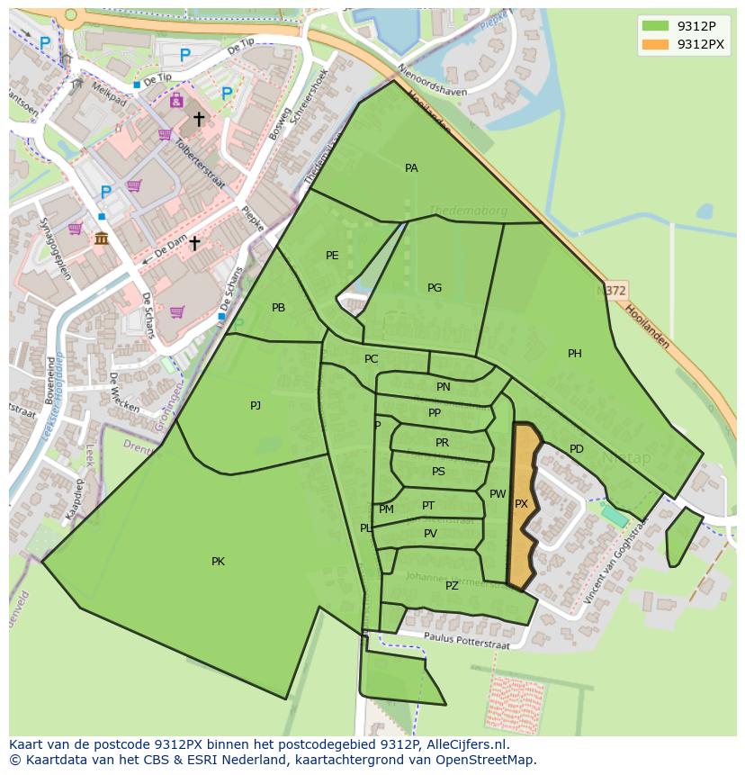 Afbeelding van het postcodegebied 9312 PX op de kaart.