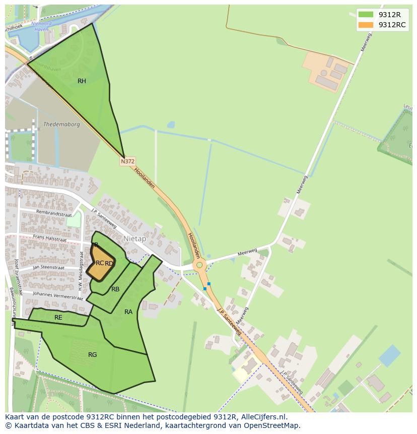 Afbeelding van het postcodegebied 9312 RC op de kaart.