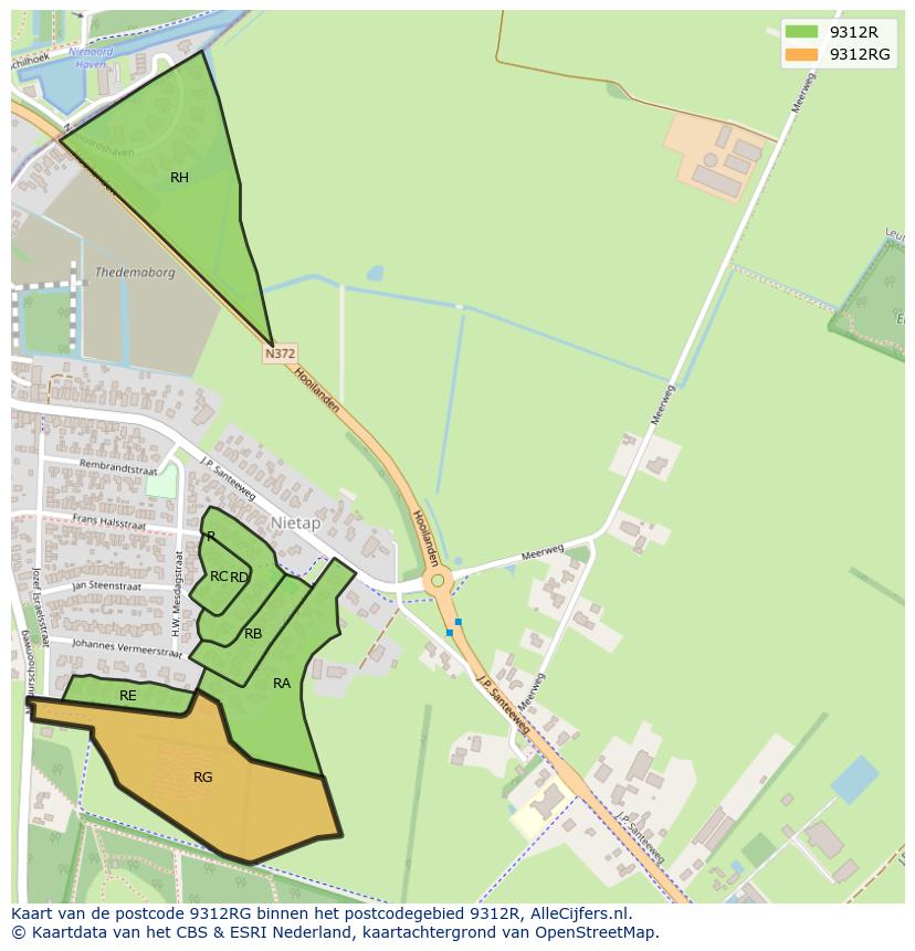 Afbeelding van het postcodegebied 9312 RG op de kaart.
