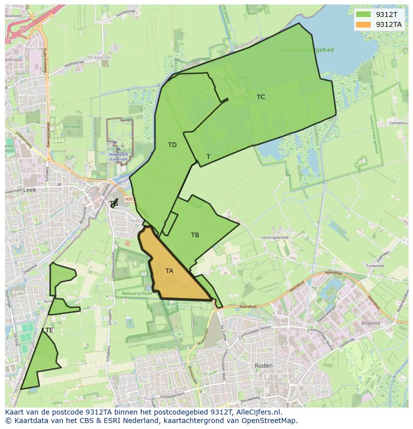 Afbeelding van het postcodegebied 9312 TA op de kaart.
