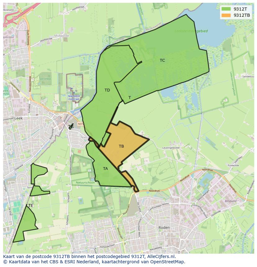 Afbeelding van het postcodegebied 9312 TB op de kaart.