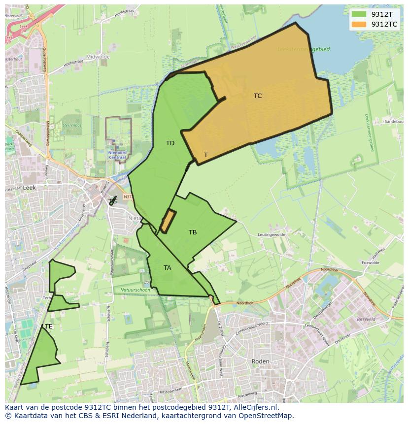 Afbeelding van het postcodegebied 9312 TC op de kaart.