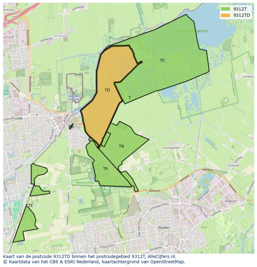 Afbeelding van het postcodegebied 9312 TD op de kaart.