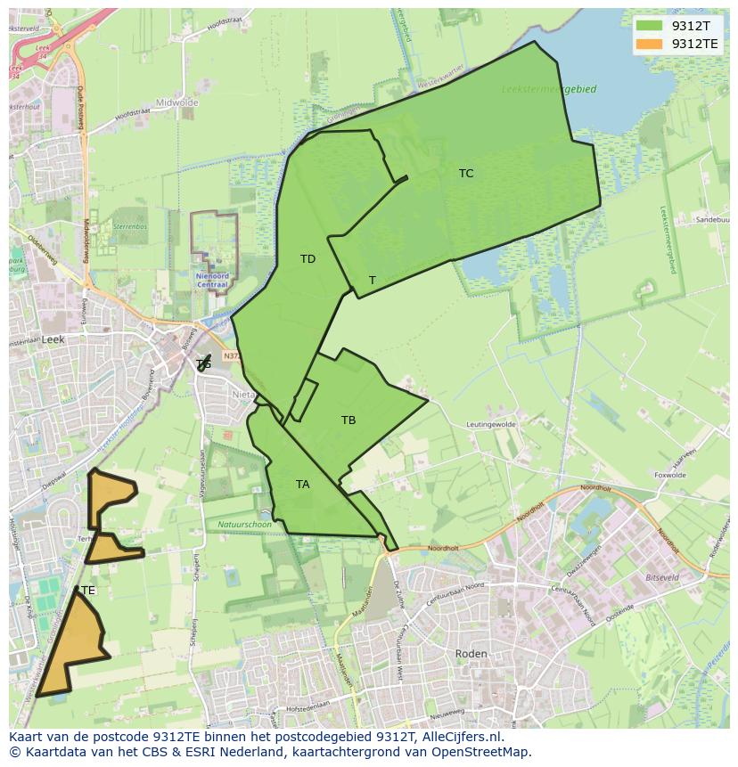 Afbeelding van het postcodegebied 9312 TE op de kaart.